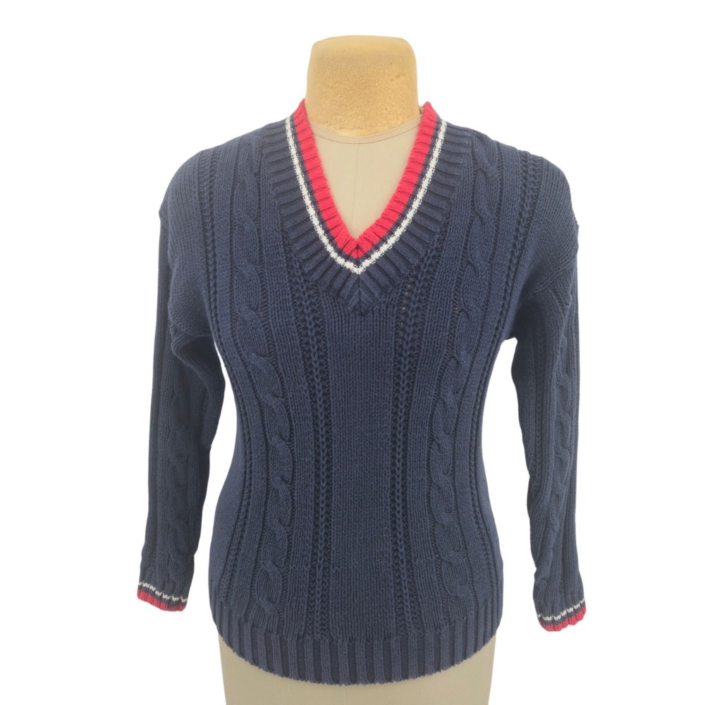 Cabin Creek Sweater Women Medium Navy Blue Cable Knit V-Neck Preppy Casual  Y2K